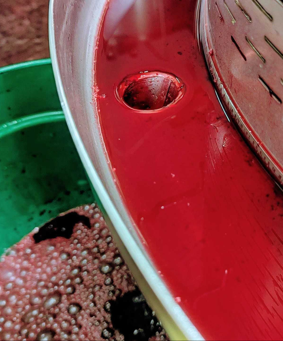 Red metal strainer/fruit presse with a green bucket underneath filled with Chuckleberry juice