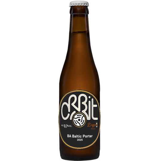 Brown beer bottle with a label on a white background. Barrel-aged Baltic Porter from Orbit Beers