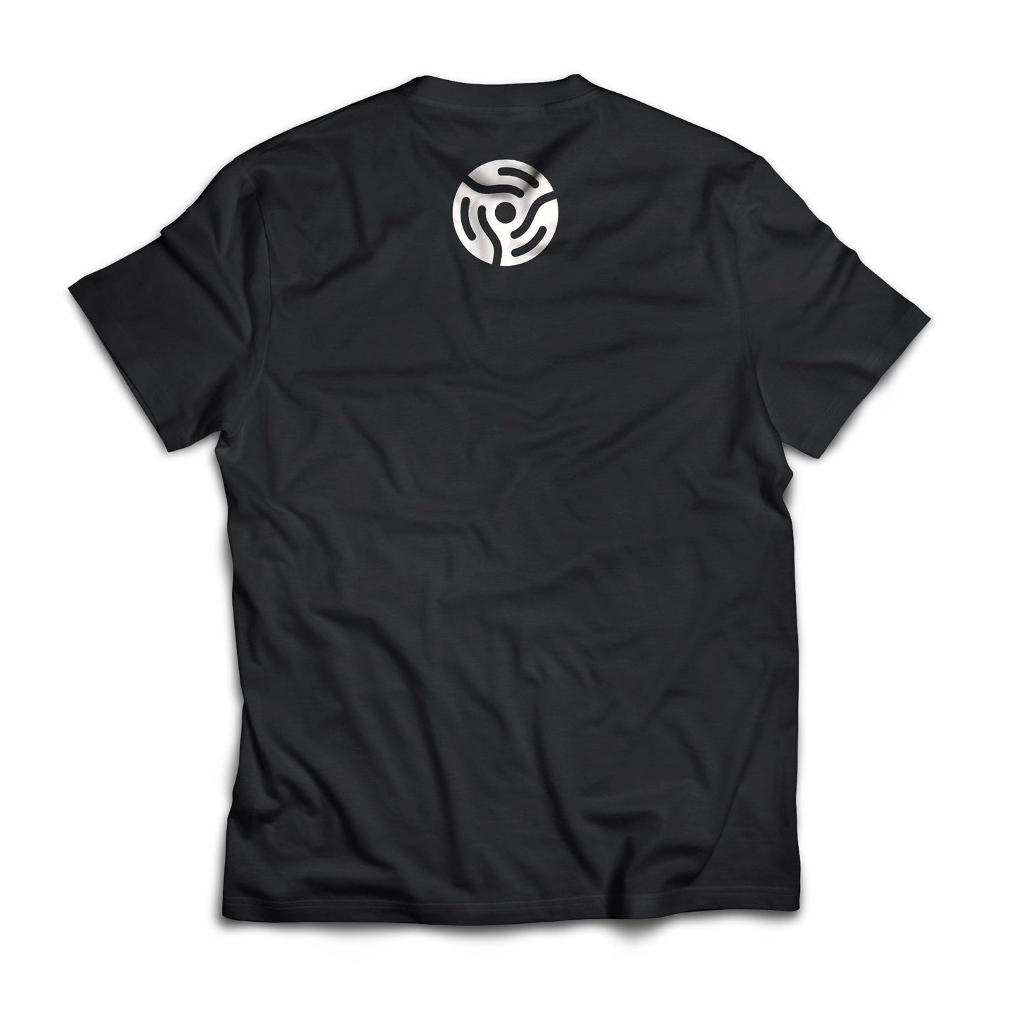 Back of Orbit T-Shirt, black with our spindle adaptor logo in white at the top